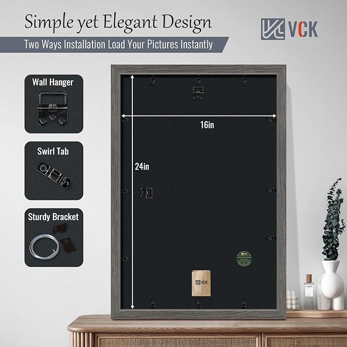 VCK 16x24 Poster Frame 5 Pack - Grey, High-End Wood Picture Frames with Polished Plexiglass, Display 12x18 Photo with Mat or 16x24 without Mat, Art Gallery-Quality, Wall Hanging, Grey