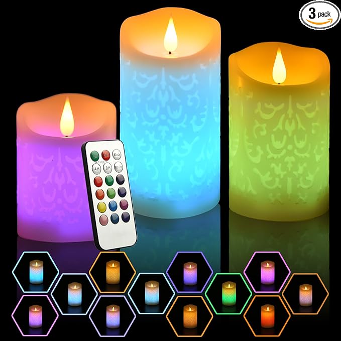NICEME 3PCS LED Multi Colored Flameless Candles with Remote Control Timer Color Changing Candles Realistic Wax Battery Operated Candles with Flickering Flame, D3 x H4 5" 6"