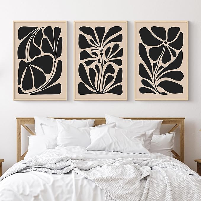 VIYYIEA Large Framed Canvas Wall Art, 24x36in Set of 3, Black White Abstract Floral Art Painting for Living Room Bedroom Office, Above of Bed Modern Minimalist Decor, Big Oversized Vertical Artwork