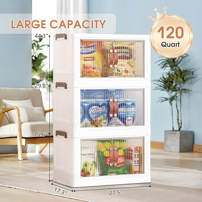 3 Tier Storage Bins with Lids, 120QT Collapsible Plastic Storage Bins, Folding Storage Boxes with Doors, Stackable Storage Organizer for Home, Office and Dorm