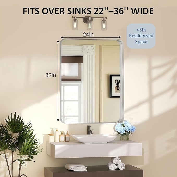 24×32 Silver Bathroom Mirror for Over Sink - Rectangular Bathroom Mirrors with Tempered Glass & Aluminum Frame, for Restroom Vanity, Entryway, Bedroom, Horizontal/Vertical, Rounded Corners