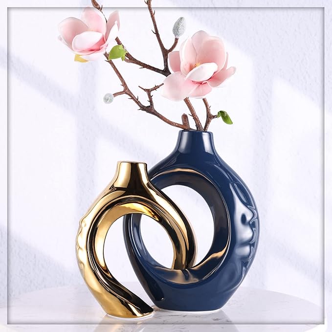 Navy Blue Home Decor Ceramic Vase, Navy Blue Gold Round Vase with Holes Set of 2, Suitable for Wedding Entrance Decoration, Bookshelf, Mantel, Unique Home Decor (Blue Gold)