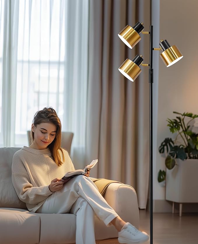 OYEARS Floor Lamp for Living Room Bright Lighting Tall Modern Industrial Vintage Standing Corner Lamps LED Metal Light Office Bedroom Study Gold Black Cream Matte Accent (3-Light, Gold)
