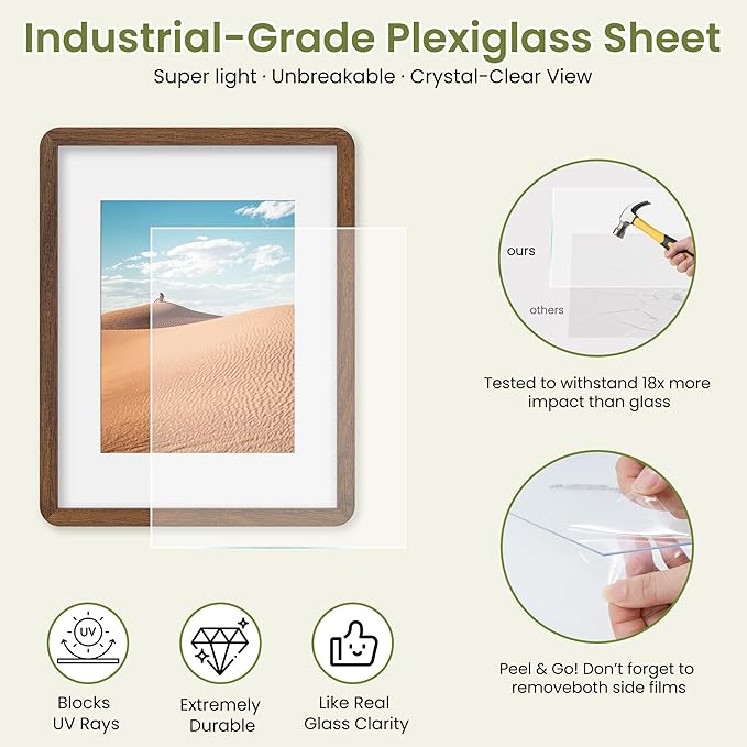 11x14 Round Corner Picture Frame, Solid Oak Photo Frame With Mat For 8x10, Plexiglass Framing And Hanging Hardware For Wall Or Tabletop Poster Frame, Walnut, 3 Pack