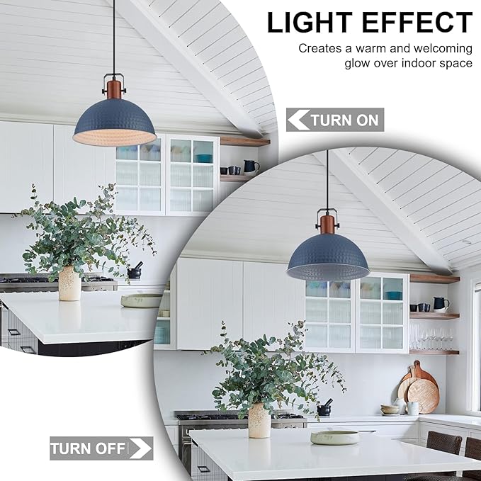 12 Inch Blue Pendant Lights Hammered Matte Pendant Lights for Kitchen Island Industrial Farmhouse Adjustable Height Dome Hanging Light Fixtures for Barn, Dining Room 1 Pack
