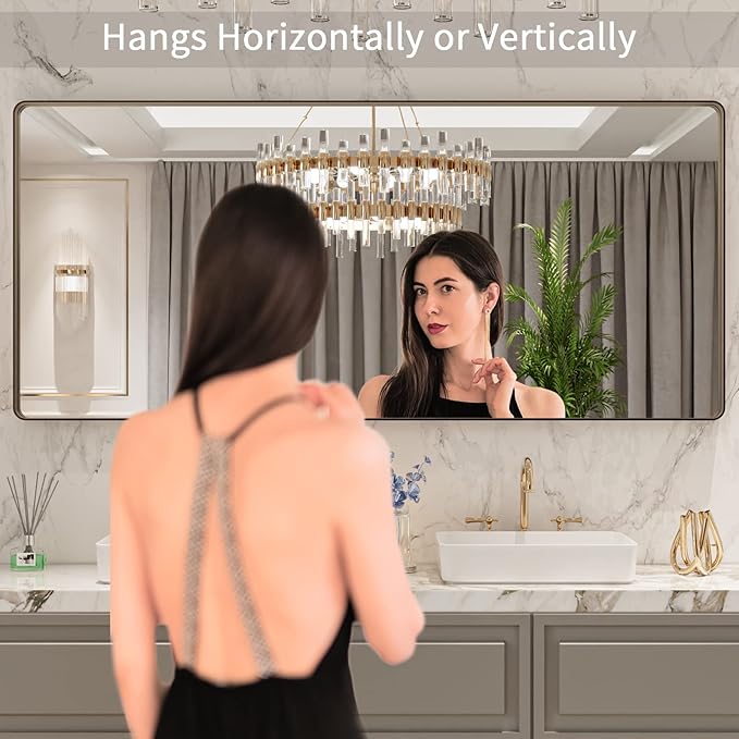 LOAAO 72”X32” Bronze Bathroom Mirrors for Vanity, Rounded Rectangle Brushed Bronze Metal Frame Mirror, Anti-Rust, Tempered Glass, Hangs Horizontally or Vertically