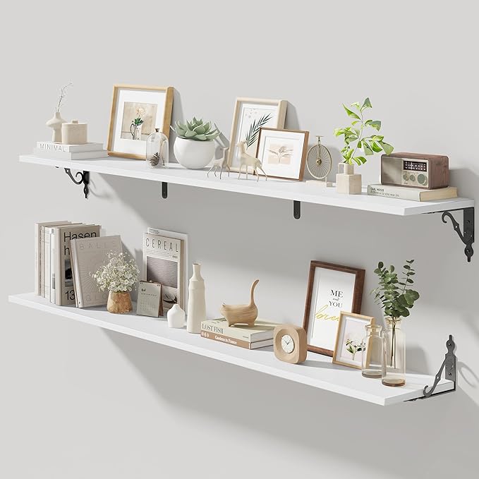 Fun Memories 55 Inch Floating Shelves, Long Floating Shelves Wall-Mounted, 8 Inch Deep Bookshelf with Bracket, 55" W x 8" D Shelves for Wall Display & Storage, White, Set of 2