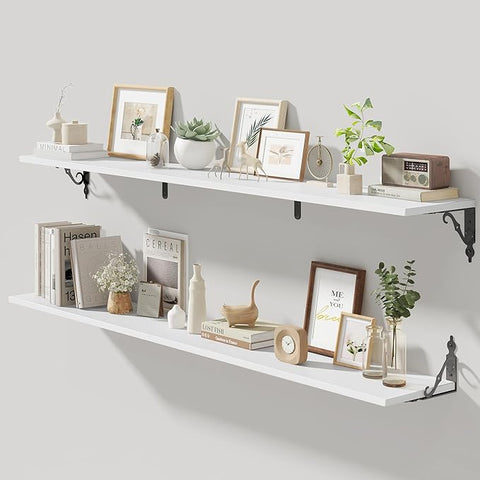 Fun Memories 55 Inch Floating Shelves, Long Floating Shelves Wall-Mounted, 8 Inch Deep Bookshelf with Bracket, 55" W x 8" D Shelves for Wall Display & Storage, White, Set of 2