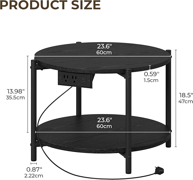 LIKIMIO Round End Table with Charging Station, 23.6" W Wooden Side Table with 2-Tier Storage, Modern Nightstand for Small Spaces, Living Room, Bedroom, Black