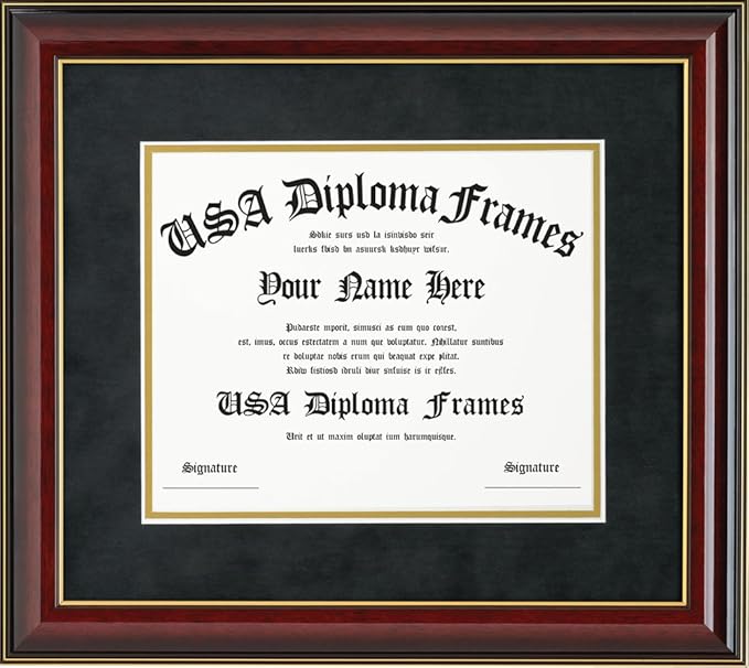 Glossy Cherry Mahogany with Gold Trim Diploma Frame & Black Suede Matting (ONLY fits 11x14 documents or certificates)