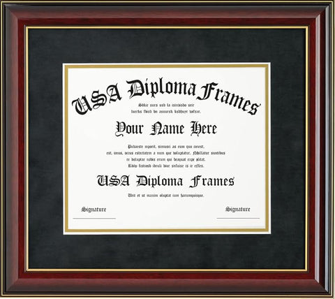 Glossy Cherry Mahogany with Gold Trim Diploma Frame & Black Suede Matting (ONLY fits 11x14 documents or certificates)