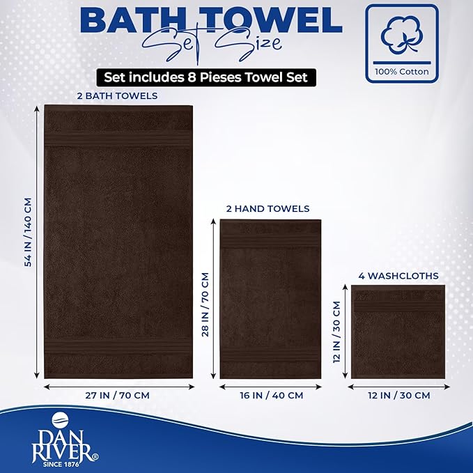 DAN RIVER 8 PC Luxury Bath Towels for Bathroom, 2 Bath, 2 Hand, and 4 Wash Cloths, 600 GSM 100% Ring Spun Cotton Towel Set, Highly Absorbent, Gym, Hotel, and Spa, Brown