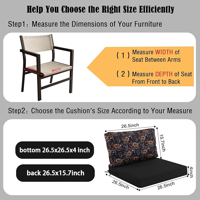 idee-home Outdoor Cushions for Patio Furniture, Outdoor Seat Cushion, Waterproof Hampton Bay Deep Seat Replacement Couch Chair Cushions for Garden Lawn Backyard Deck, 26.5 x 26.5 Floral Pattern