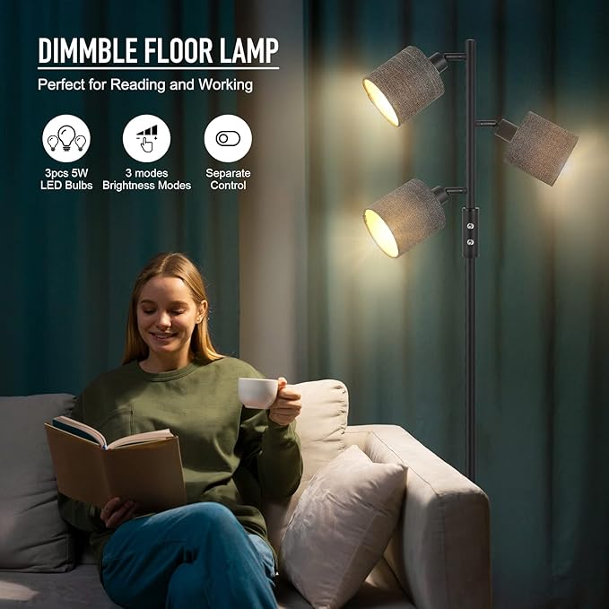 BoostArea Floor Lamps for Living Room, 3 Color Temperature, 3-Light Tree Standing Lamp, Minimalist Floor Lamp with Grey Lamp Shades Modern Pole Lamp for Bedroom Office Kids Room, Black (5W LED Bulbs)