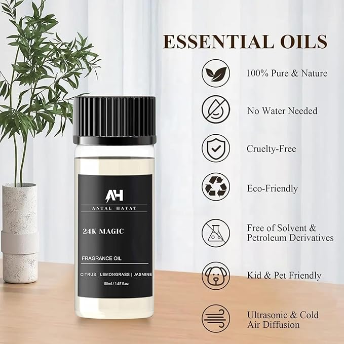 24K Magic Diffuser Oil 50ml – Hotel Inspired Aromatherapy Scent – Citrus, Lemongrass, Jasmine – Home Luxury Fragrance Oil by Antal Hayat – Essential Oil Blend for Diffusers
