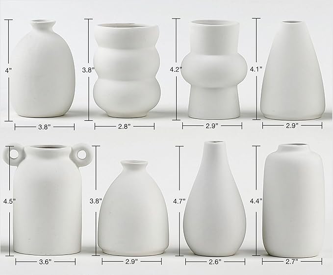 Set of 8 White Ceramic Bud Vases for Flowers, Pampas Grass Small Vases for Farmhouse Boho Decor, Decorative Vases for Centerpiece, Wedding Decoration, Home and Office, Room and Table Decor