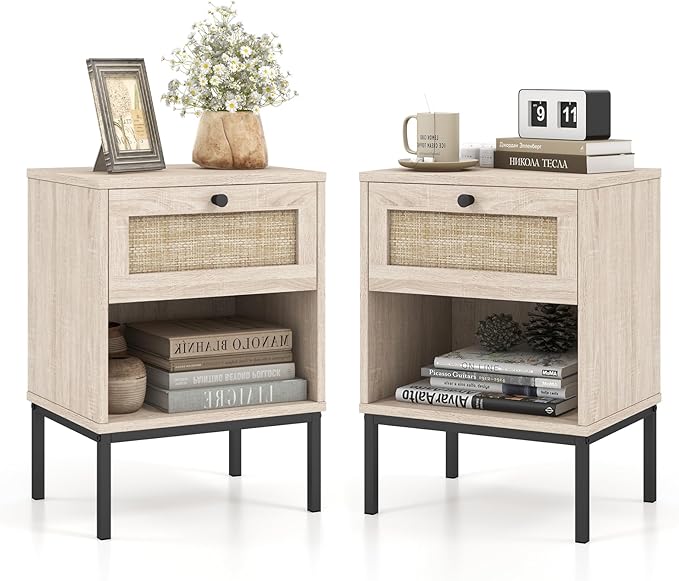 Giantex Rattan Nightstands with Drawer Set of 2, Boho Side Tables with 4 Metal Legs and Open Storage Shelf, Farmhouse Night Stands for Small Spaces, 2 Tier Bedside Tables for Bedroom Office, Oak