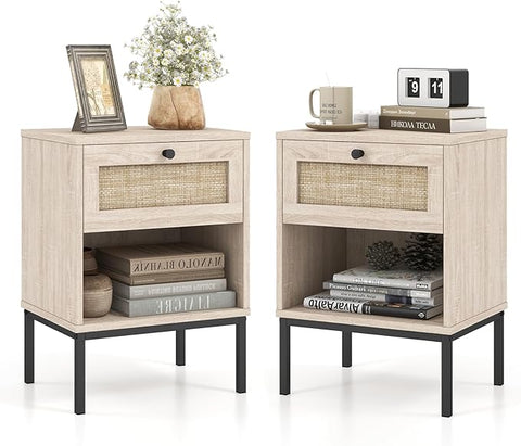 Giantex Rattan Nightstands with Drawer Set of 2, Boho Side Tables with 4 Metal Legs and Open Storage Shelf, Farmhouse Night Stands for Small Spaces, 2 Tier Bedside Tables for Bedroom Office, Oak