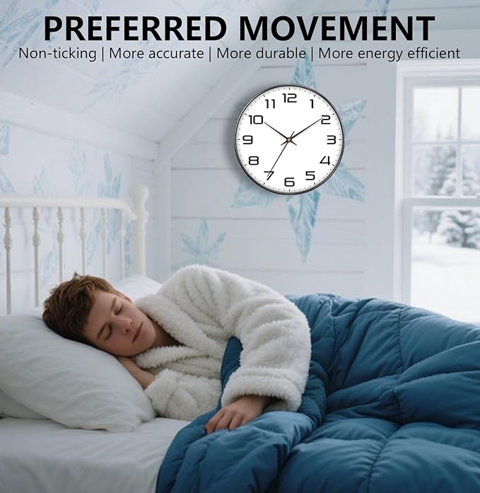 Modern Wall Clocks Battery Operated - 12 inch Silent Non Ticking Quartz Analog Clock with Large Easy Read Numbers, Tempered Glass Decorative Wall Clocks for Living Room Bedroom Kitchen Gym