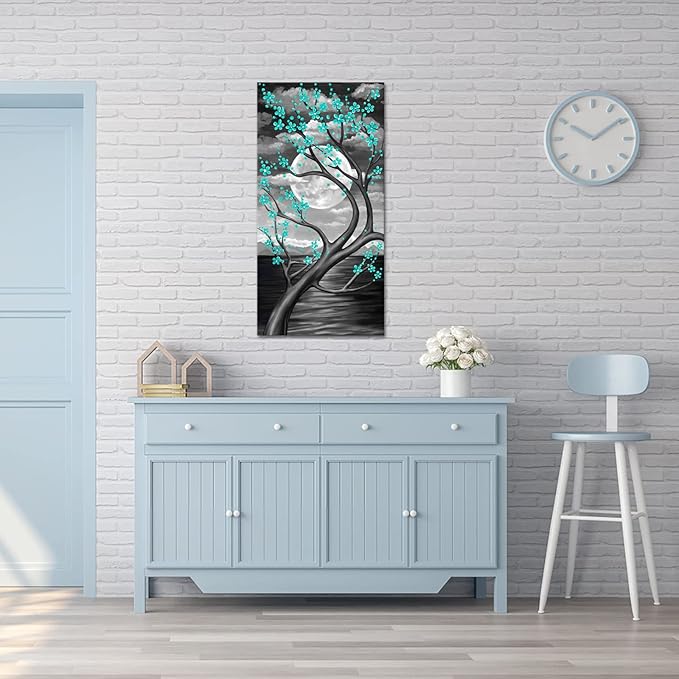 KREATIVE ARTS Teal Flower Tree Wall Art for Bedroom Cherry Blossom Tree in Full Moon Night Landscape Canvas Prints Artwork for Home Wall Decoration Ready to Hang Vertical 20x40inch (Green)