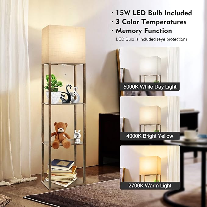 RUNTOP Plus Floor Lamp with Shelves, Modern Shelf Floor Lamp with 15W 3CCT LED Bulb and Memory Function, Wide Shelf Lamp for Display Storage, Standing Lamps for Living Room, Bedroom, Office, Corner