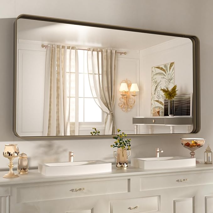WEER 55x30 Inch Bronze Bathroom Mirror for Vanity, Brushed Bronze Metal Frame Rounded Rectangle Mirror with Tempered Glass, Anti-Rust (Horizontal/Vertical)