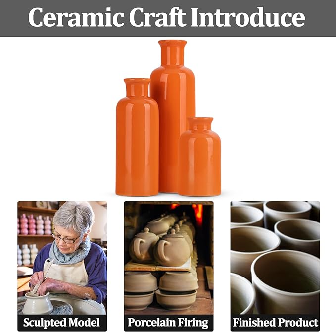 Orange Ceramic Vase Set for 3, Modern Minimalist Decor Boho Vases, Farmhouse Home Décor Accents Living Room Centerpieces, Suitable for Home Décor,Room,Entryway, Bookshelf, Mantel, Shelf Décor