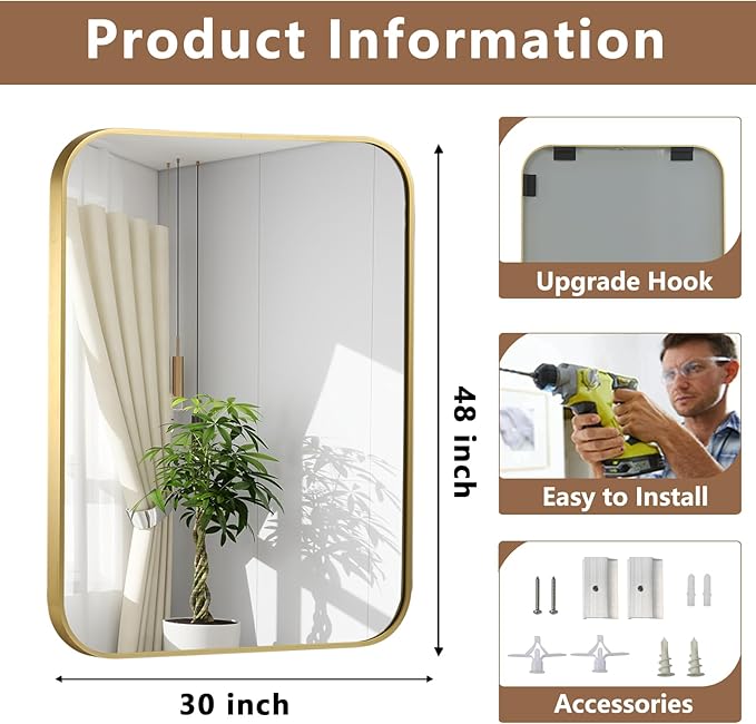 Brushed Gold Mirror, 48"x30" Rectangle Bathroom Mirror, Metal Frame Rectangle Corner Vanity Mirror, Wall Mounted Mirror for Modern, Living Room, Bedroom, Horizontal Or Vertical