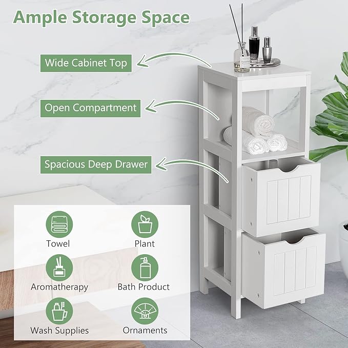 Tangkula Small Bathroom Storage Cabinet with 2 Removable Drawers, Wood Freestanding Floor Cabinet for Bathroom, Anti-Tipping Device, Side Corner Cabinet for Small Spaces (White)