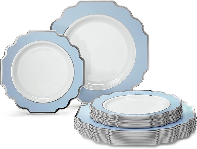 " OCCASIONS " 50 Plates Pack (25 Guests)-Heavyweight Wedding Party Disposable Plastic Plate Set -(25x10.5'' Dinner + 25x8'' Salad/dessert (Imperial in White/Blue & Silver)