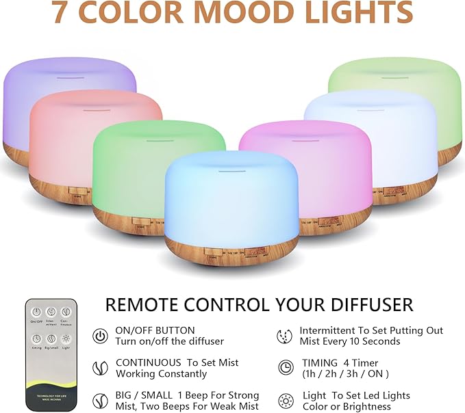Oil Diffuser, 500ml Essential Oil Diffusers, Aromatherapy Diffuser with 2 Mist Mode 4 Timers＆7 Ambient Light Waterless Auto Off, Diffusers Large Room Home Office