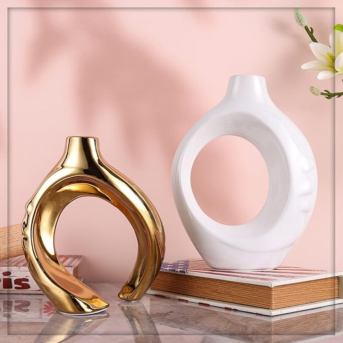 White Gold Ceramic Decorative Vase Home Decor, White and Gold Vase Set of 2, Pampas Grass Decorative Vase, Coffee Table Vase, Entryway Table Decor (White Gold)