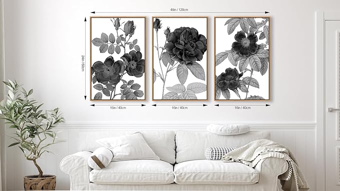 Large Framed Canvas Wall Art - Natural Float Framed Black Gray Flowers Pictures Decor Simple Blossom Leaves Botanical Artwork for Living Room Bedroom Kitchen Home Office Decoration 48" X 24" Set of 3