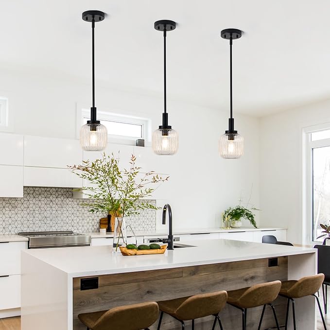 Glass Pendant Lights Kitchen Island 2 Pack, 5.9" Black Modern Pendant Light with Clear Glass and Rods, Mini Hanging Lighting for Kitchen Sink Bathroom Bedroom, OS-YQ7749-2PBK