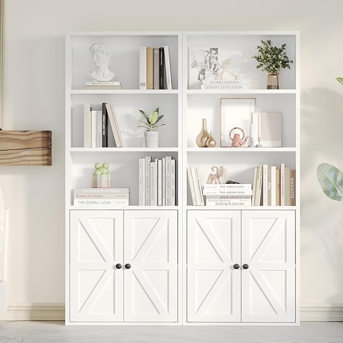 5 Tier Bookshelves and Bookcase with Doors Industrial Set of 2 Double Wide Floor Standing Book Shelf 59" Tall Display Shelves Bookshelf with Storage Cabinets for Living Room, White