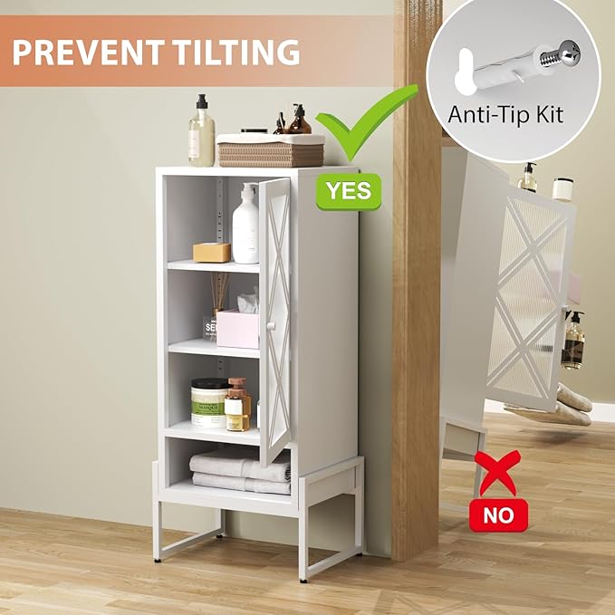 LEYNOT Small Bathroom Storage Cabinet 42.51“H Metal Bathroom Floor Cabinet with Adjustable Shelves for Pantry，Kitchen, Home Office, Living Room, Dinning Room (White+Transparent Door Panel)