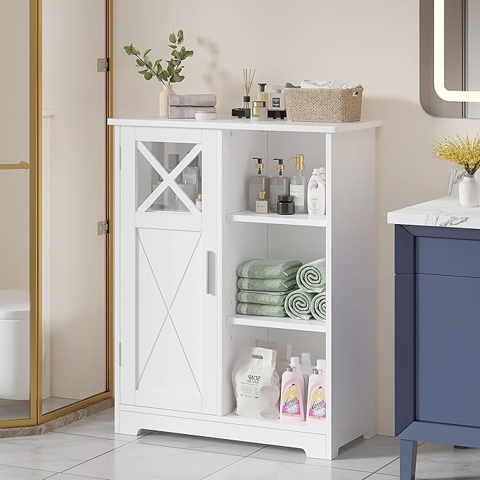 VECELO Bathroom Floor Storage Cabinet with 2 Adjustable Shelves, Freestanding Cabinet with 1 Door & 3 Open Compartments for Bathroom, White