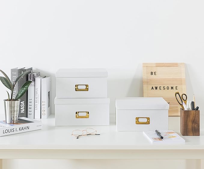 Soul & Lane White Kraft Paper Boxes for Storage - Set of 3 Square Stacking Boxes with Lids and Gold Label Holders, Decorative Photo Storage, Nesting Cardboard Containers for Decor and Organizing