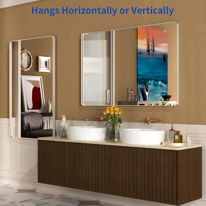 WEER 55X30 Inch Brushed Nickel Bathroom Mirror, Brushed Silver Metal Frame Mirror, Rounded Rectangle Silver Bathroom Vanity Mirror, Tempered Glass, Anti-Rust, Hangs Horizontally or Vertically
