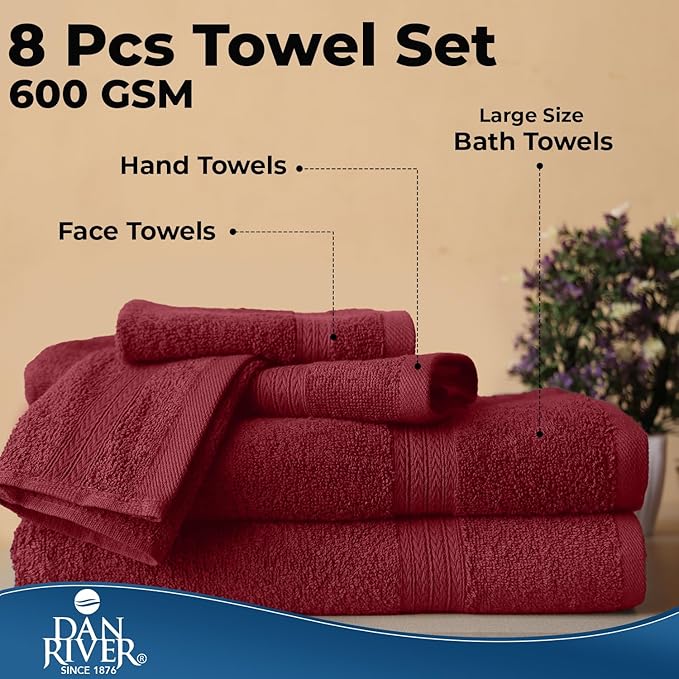 DAN RIVER 8 PC Luxury Bath Towels for Bathroom, 2 Bath, 2 Hand, and 4 Wash Cloths, 600 GSM 100% Ring Spun Cotton Towel Set, Highly Absorbent, Gym, Hotel, and Spa, Pomegranate