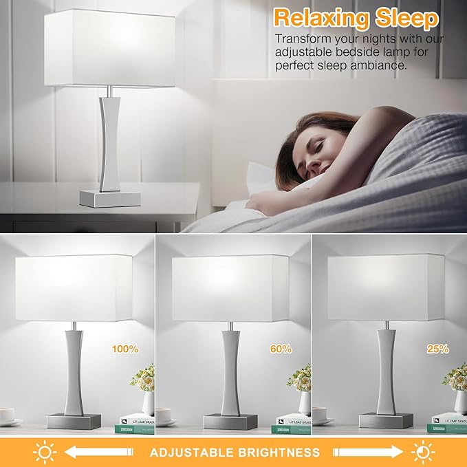 Bedside Lamps for Night Stands - 3 Way Dimmable Table Lamp for Bedroom with USB C+A Ports,Modern Bedside Lamps Set of 2, Touch Lamps for Nightstands(Silver)