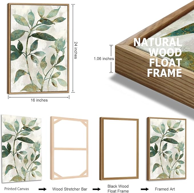 Large Framed Canvas Wall Art - Natural Float Framed Rustic Green Flowers Leaves Pictures Paintings White Grey Artwork Decor for Bedroom Living Room Kitchen Home Office Decoration 48" X 24" Set of 3