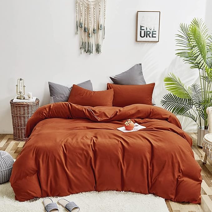 Pureant Queen Size Burnt Orange Comforter Set - 3 Pcs (Comforter, 2 Pillowcases) - Caramel - Modern - Solid - Cotton Blend - 90" x 90" - Machine Washable