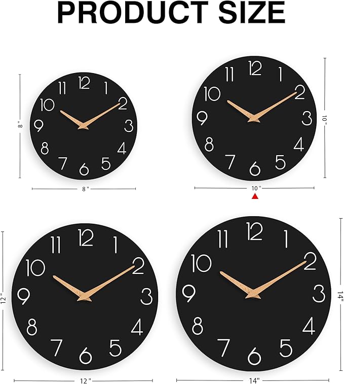 Wall Clock, 10 Inch Wooden Silent Non-Ticking, Decorative Battery Operated Wall Clocks for Bedroom, Kitchen, Home, Living Room, Office, School, Hotel (Black)