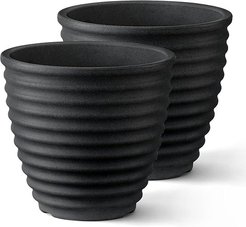ARBORA 16" Ibiza Polyresin Indoor and Outdoor Planter with Classic Black Finish - Durable, Weatherproof, Lightweight, Large Plant Pot for Patio, Garden, Deck, Entryway - 2 Pack