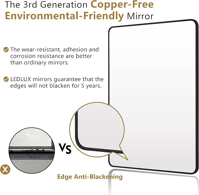 30"x48" Bathroom Wall Mirror with Matte Black Metal Frame & HD Glass, Copper-Free Mirrors Modern Rectangle Round Corner Framed Vanity Mirror - Horizontal or Vertical Installation