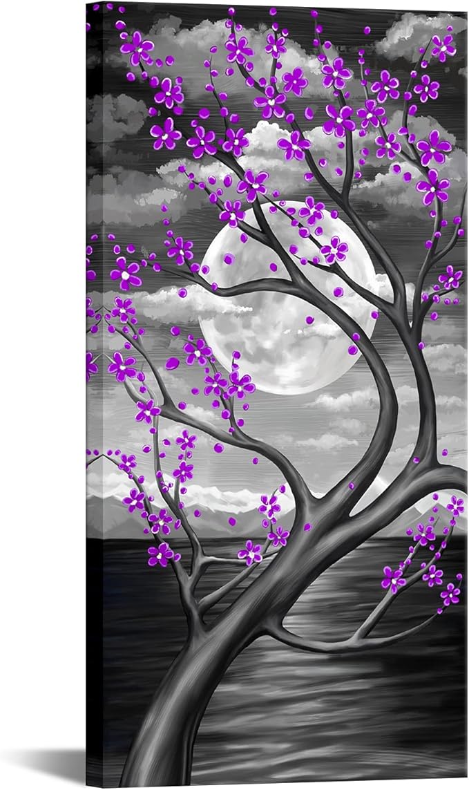 KREATIVE ARTS Purple Flower Tree Wall Art for Bedroom Cherry Blossom Tree in Full Moon Night Landscape Canvas Prints Artwork for Home Wall Decoration Ready to Hang Vertical 20x40inch (Purple)
