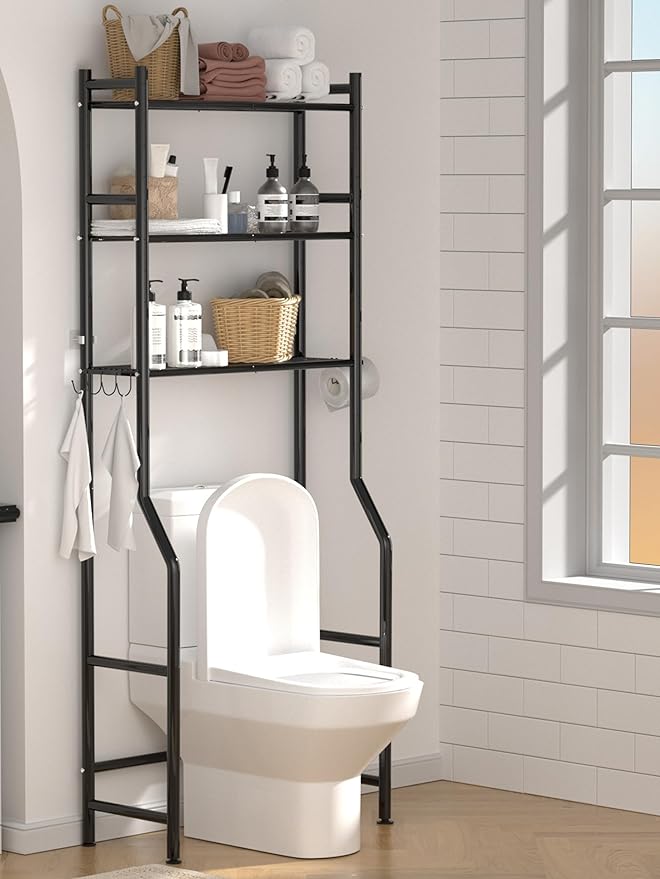 3-Tier Over The Toilet Storage, Space Saver Metal Bathroom Shelves, Freestanding Above Over Toilet Storage Shelf with 4 Hooks for Bathroom, Black