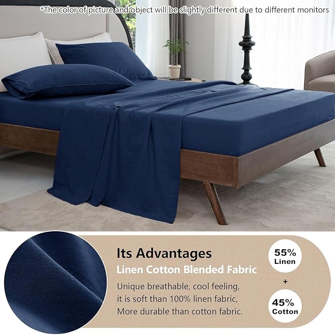 Talasily Linen Sheets- California King Size Sheets Set,Blend from Linen Cotton Bedsheets,All Seasons Soft Breathable 4 Piece Set-Navy Blue