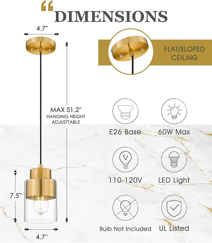 Gold Pendant Lights Kitchen Island, Dual Shade Hanging Lights Fixtures with Metal and Clear Glass, Modern Brass Kitchen Pendant Lighting Over Island for Dining Room, AD-24022-1P-GD